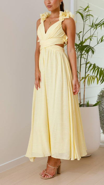 Sofia | Vestido Maxi Amarillo con Volantes y Tirantes en V