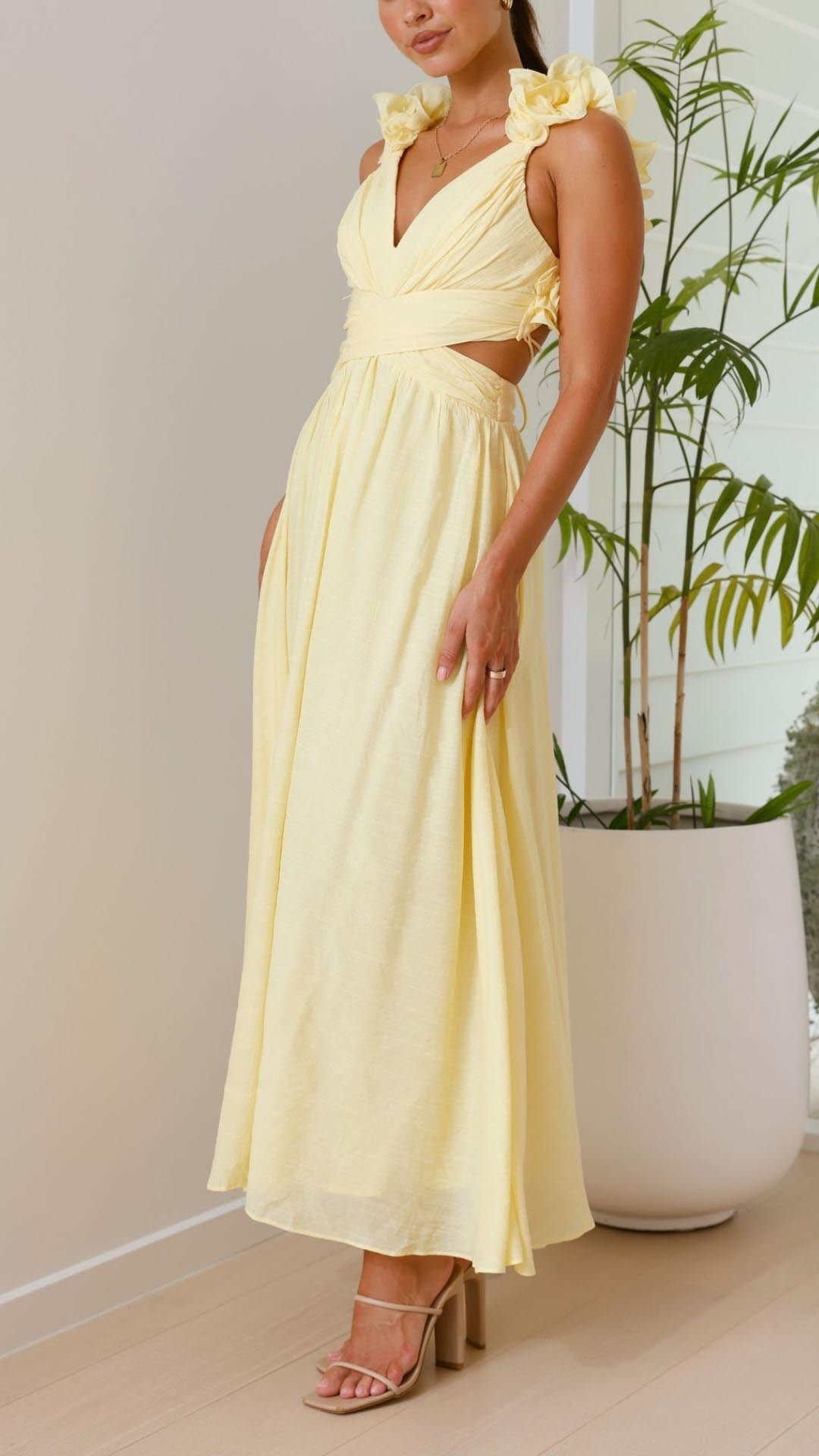 Sofia | Vestido Maxi Amarillo con Volantes y Tirantes en V