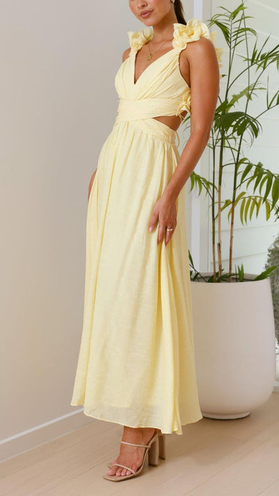 Sofia | Vestido Maxi Amarillo con Volantes y Tirantes en V