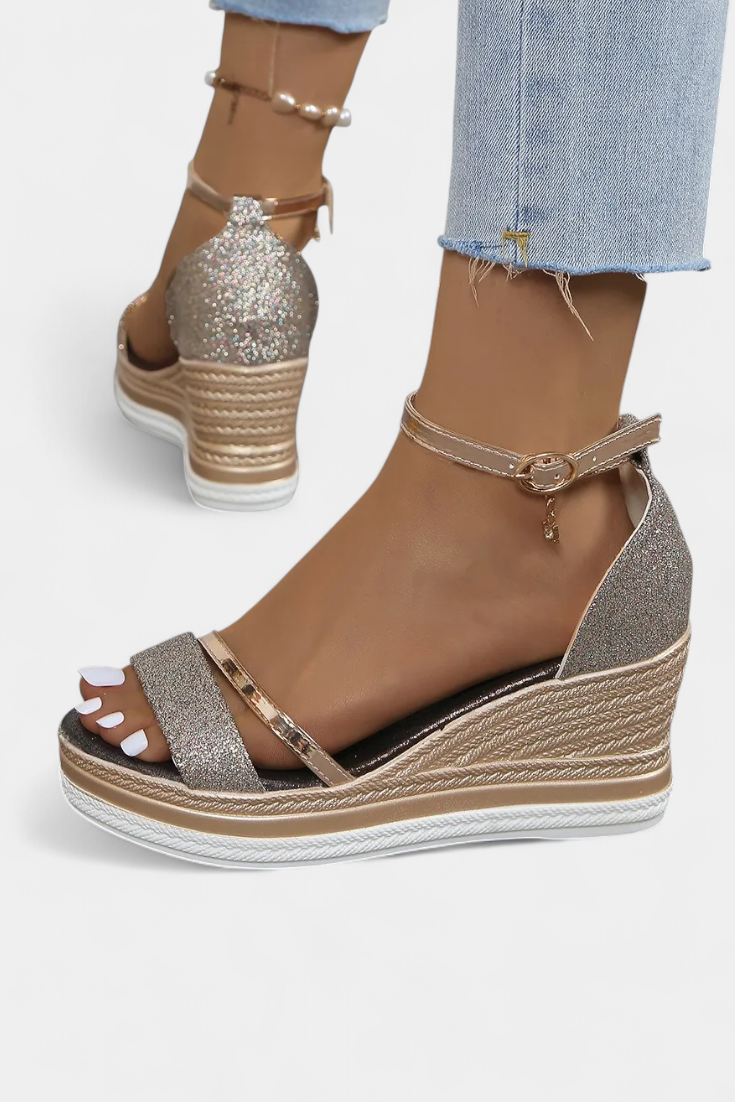 Sandalias Ortopédicas Corinne con Plataforma Wedge y Brillo Elegante