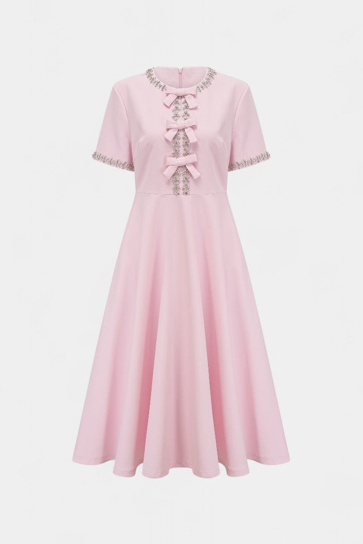 Vestido Midi Acampanado Linda con Lazo de Cristal y Elegantes Detalles