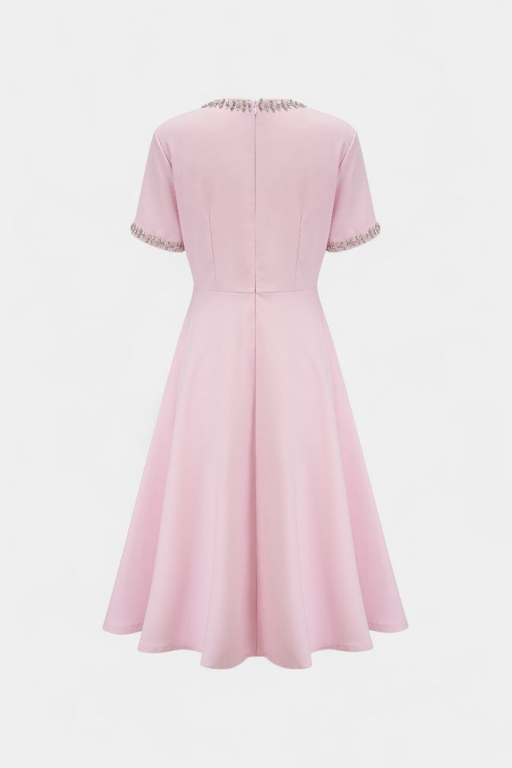 Vestido Midi Acampanado Linda con Lazo de Cristal y Elegantes Detalles