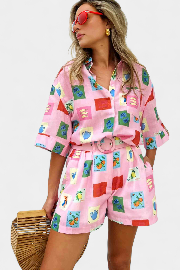 Conjunto Mariluz de Camisa y Shorts con Estampado Rosa