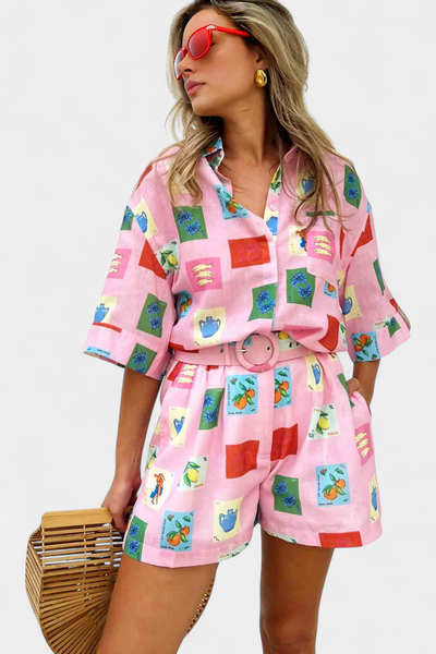 Conjunto Mariluz de Camisa y Shorts con Estampado Rosa