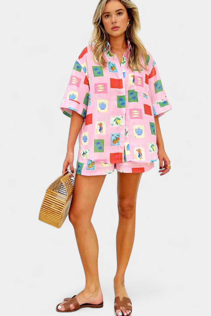 Conjunto Mariluz de Camisa y Shorts con Estampado Rosa