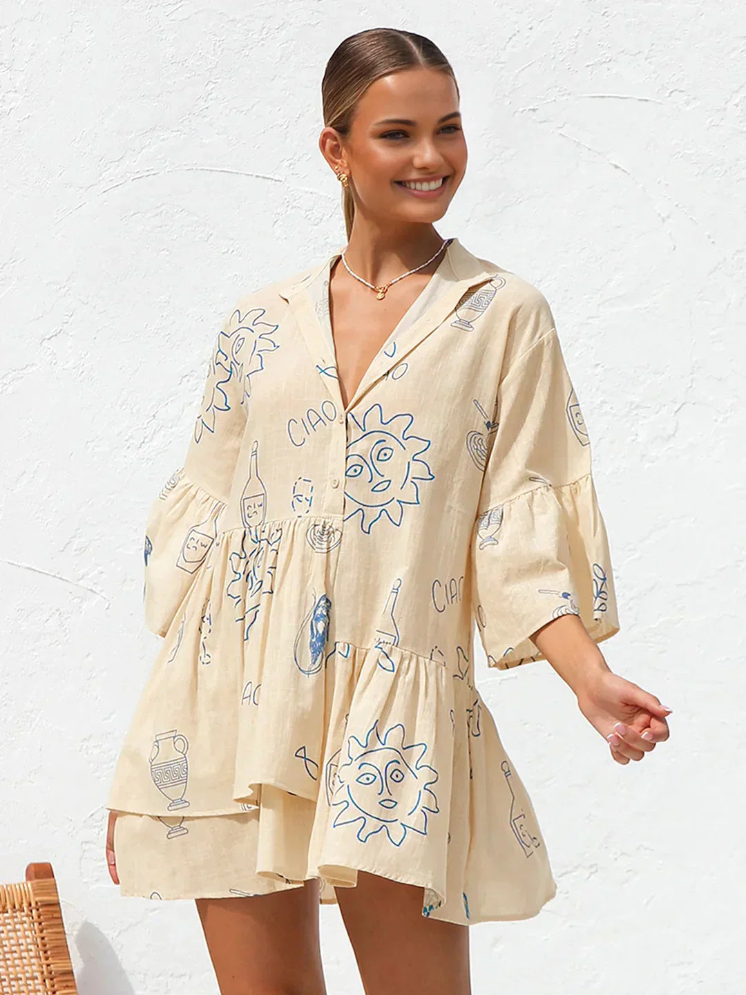 Anna® | Vestido Corto de Estilo Casual con Estampado de Sol Oversized