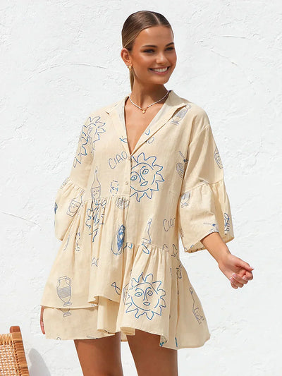 Anna® | Vestido Corto de Estilo Casual con Estampado de Sol Oversized