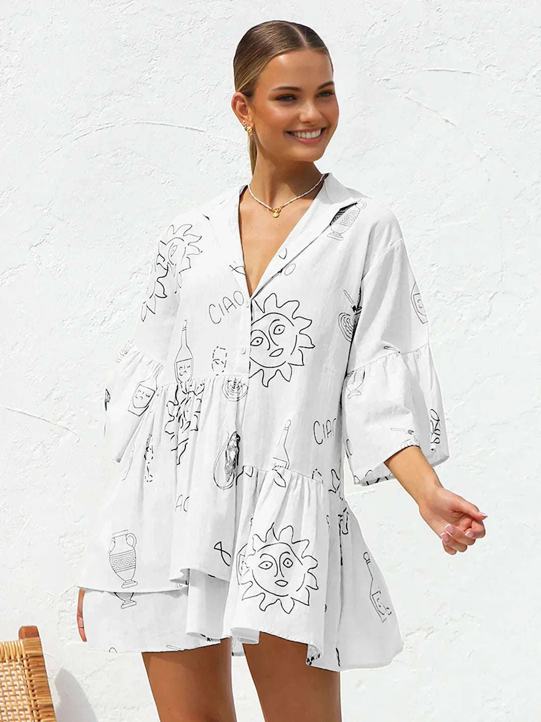 Anna® | Vestido Corto de Estilo Casual con Estampado de Sol Oversized
