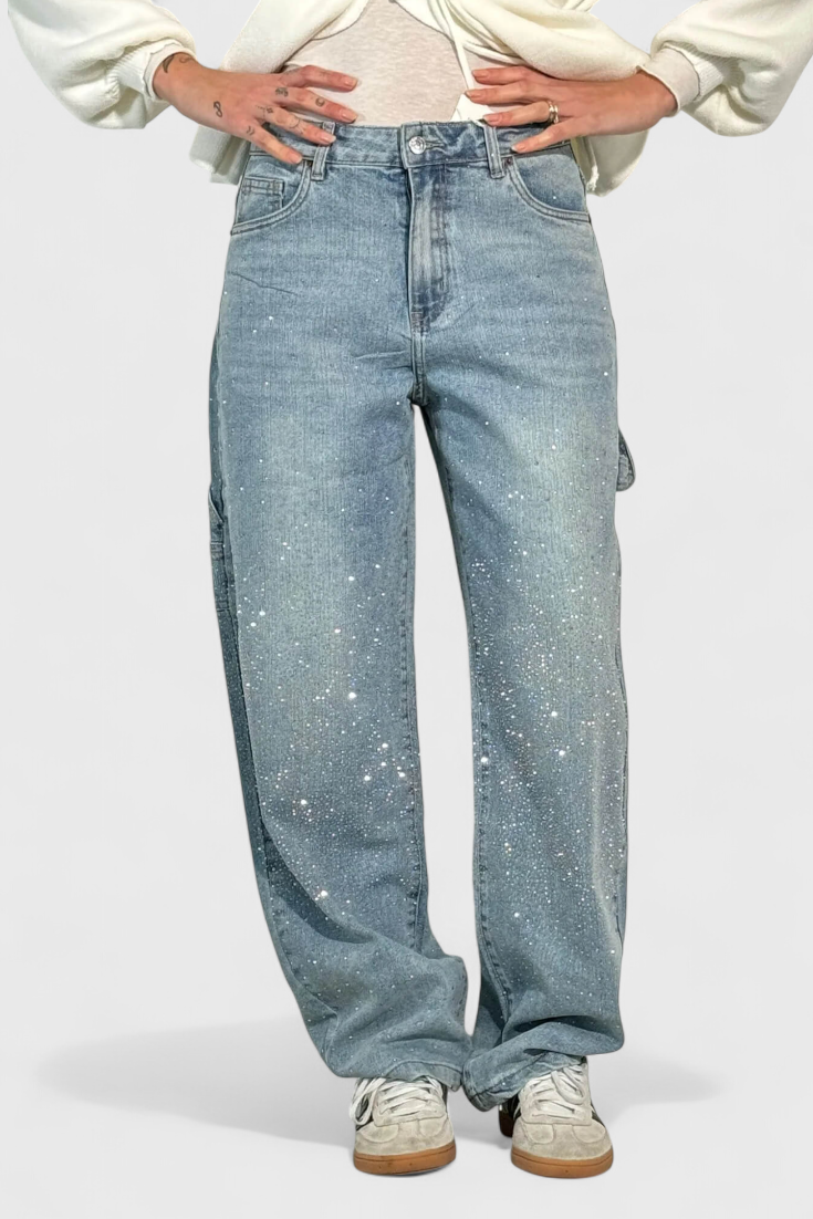 Dariya Brushed Cargo Balloon Jeans with Sparkle and Rhinestone Embellishments