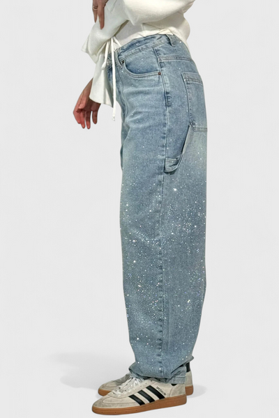 Dariya Brushed Cargo Balloon Jeans with Sparkle and Rhinestone Embellishments