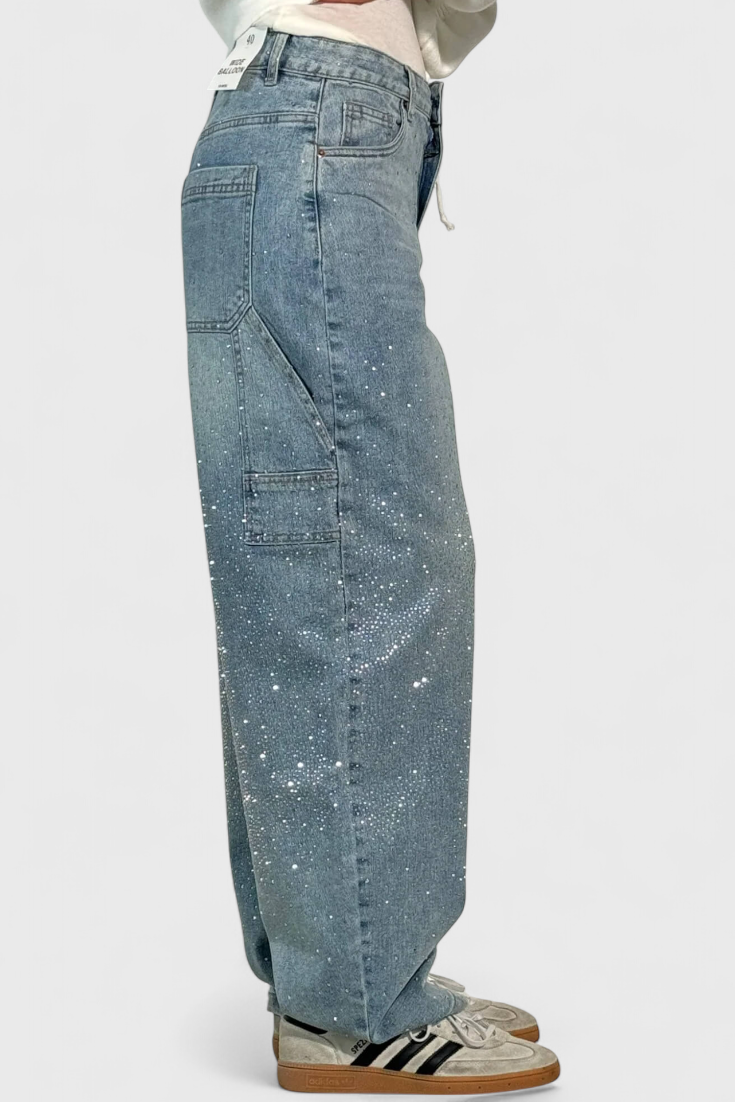 Dariya Brushed Cargo Balloon Jeans with Sparkle and Rhinestone Embellishments