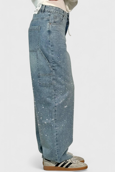Dariya Brushed Cargo Balloon Jeans with Sparkle and Rhinestone Embellishments