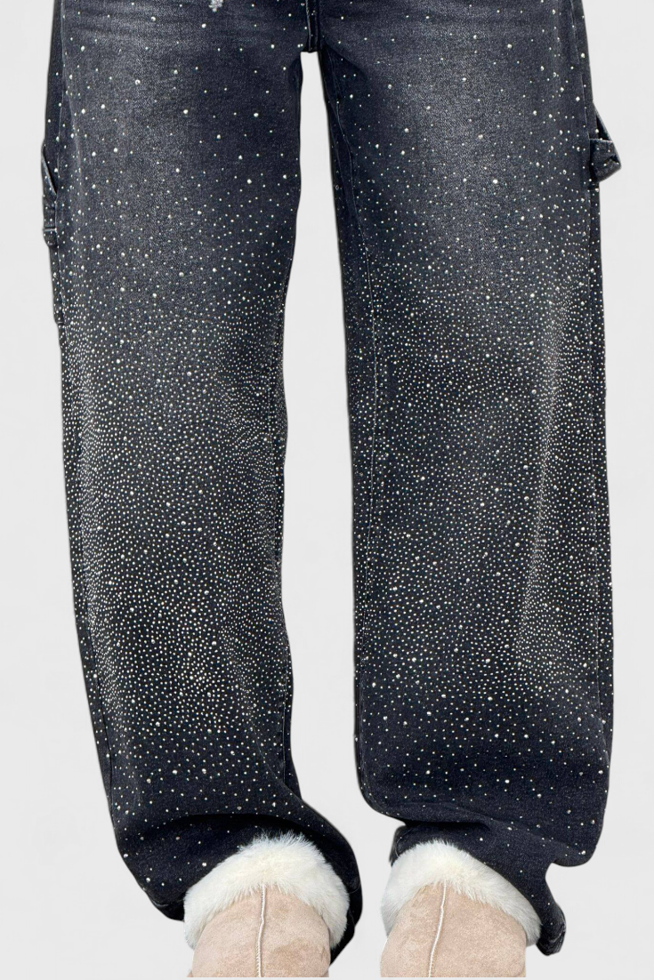 Dariya Brushed Cargo Balloon Jeans with Sparkle and Rhinestone Embellishments