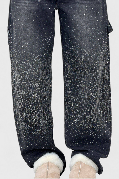 Dariya Brushed Cargo Balloon Jeans with Sparkle and Rhinestone Embellishments