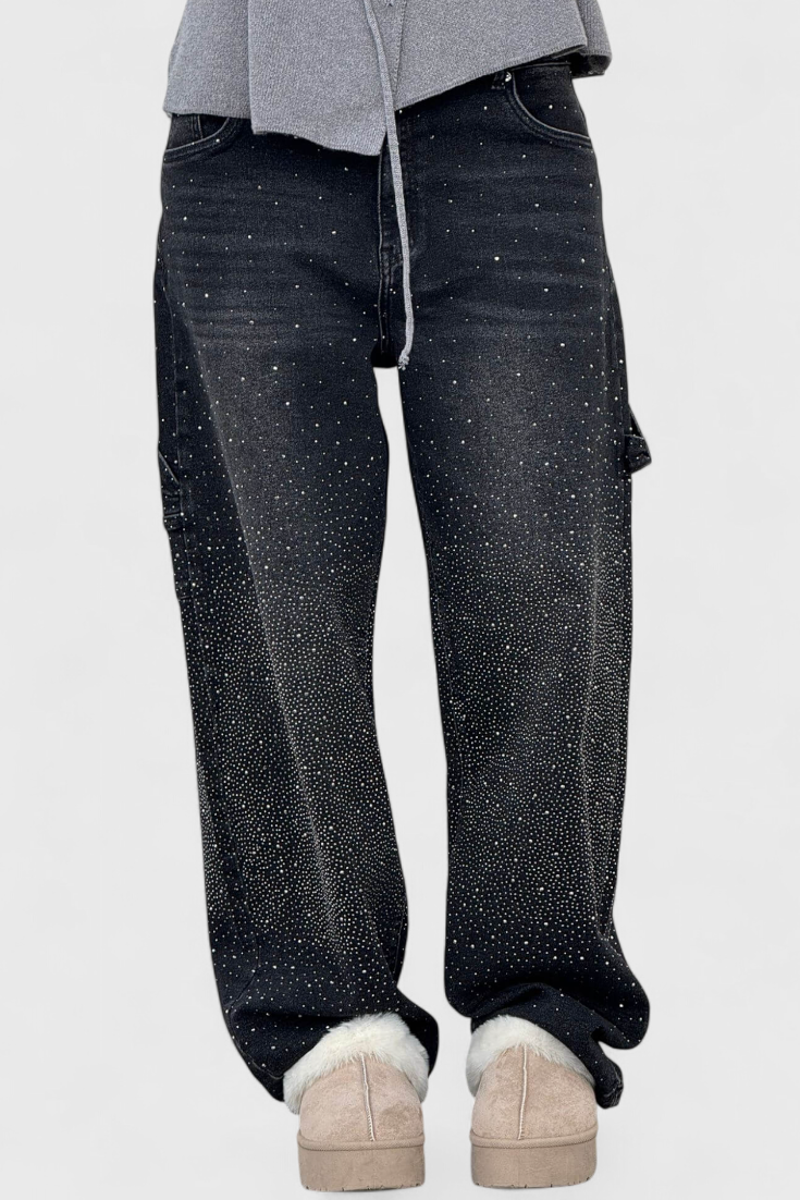 Dariya Brushed Cargo Balloon Jeans with Sparkle and Rhinestone Embellishments