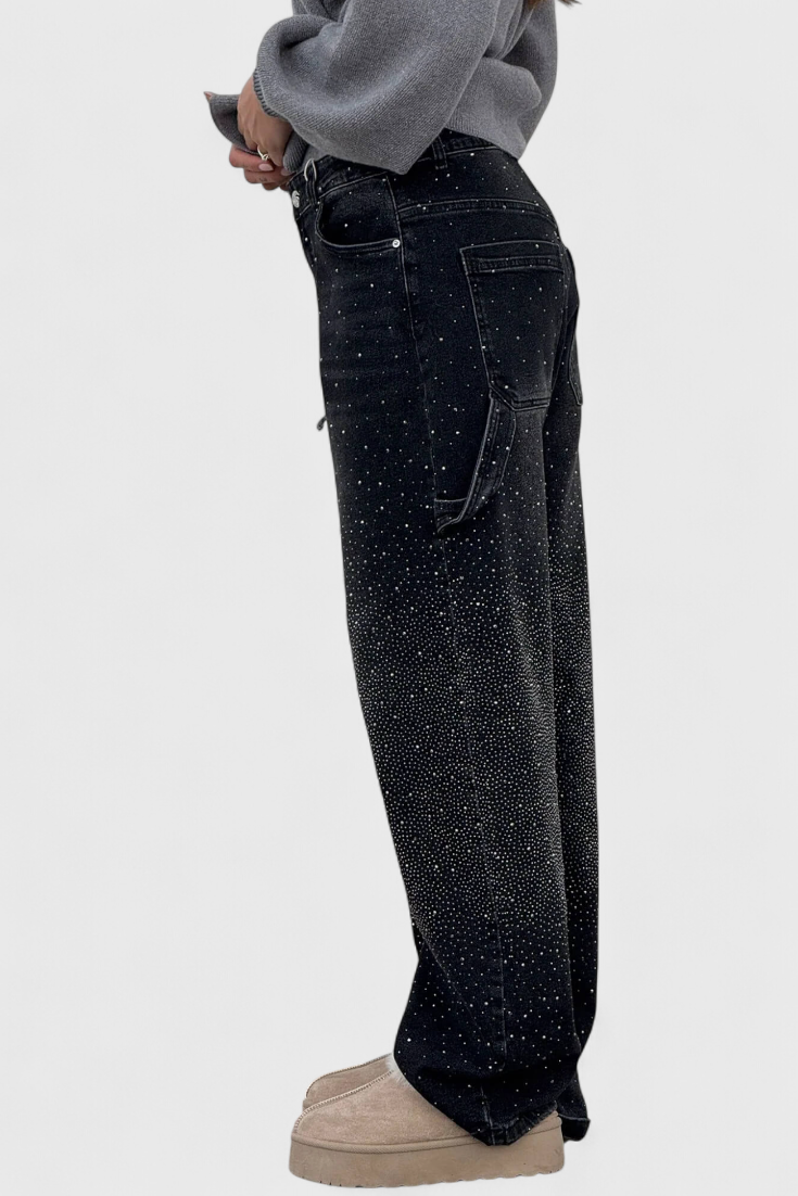 Dariya Brushed Cargo Balloon Jeans with Sparkle and Rhinestone Embellishments