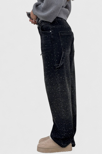 Dariya Brushed Cargo Balloon Jeans with Sparkle and Rhinestone Embellishments