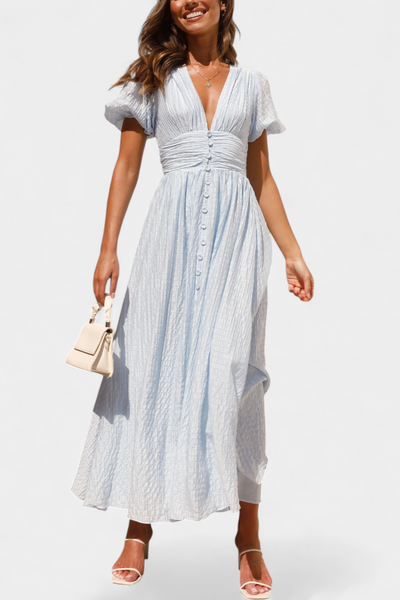 Mélia Vestido Maxi con Escote en V y Mangas Abullonadas Elegantes