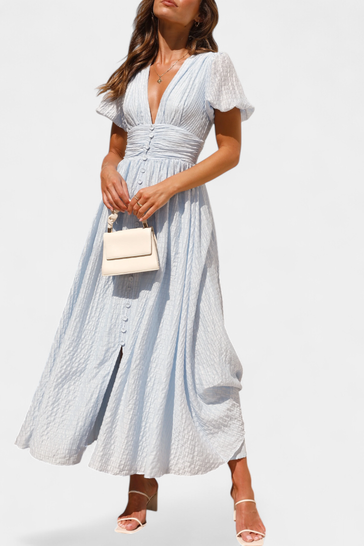 Mélia Vestido Maxi con Escote en V y Mangas Abullonadas Elegantes