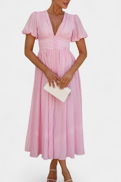 Mélia Vestido Maxi con Escote en V y Mangas Abullonadas Elegantes