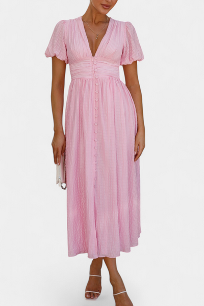 Mélia Vestido Maxi con Escote en V y Mangas Abullonadas Elegantes