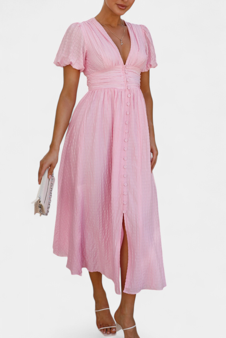 Mélia Vestido Maxi con Escote en V y Mangas Abullonadas Elegantes