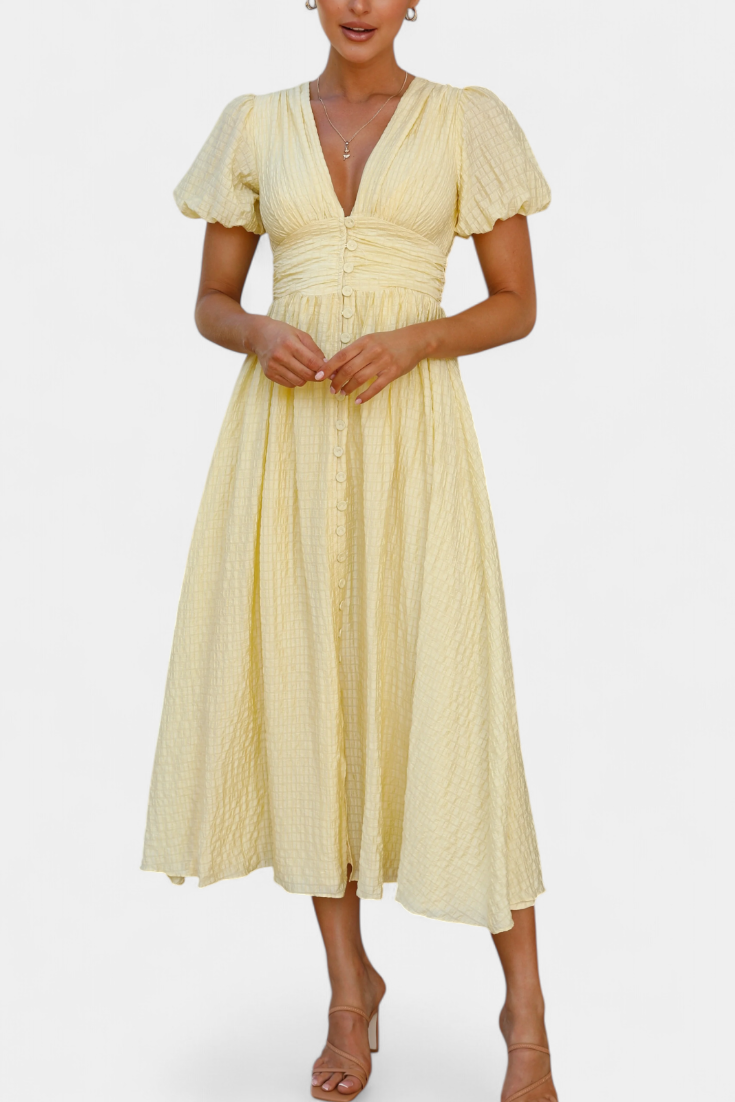 Mélia Vestido Maxi con Escote en V y Mangas Abullonadas Elegantes