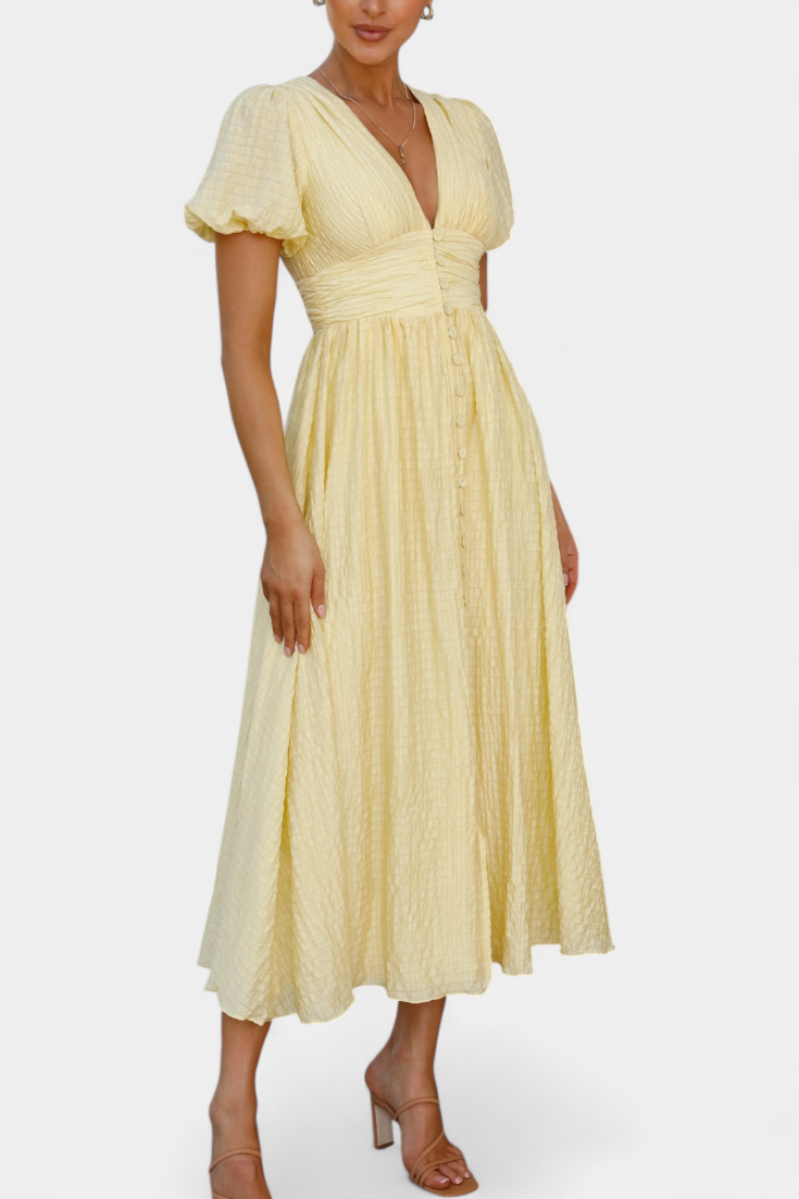 Mélia Vestido Maxi con Escote en V y Mangas Abullonadas Elegantes