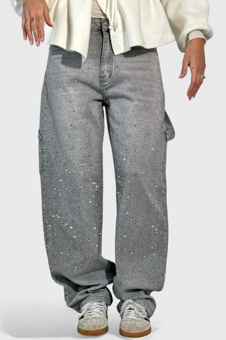 Dariya Brushed Cargo Balloon Jeans with Sparkle and Rhinestone Embellishments