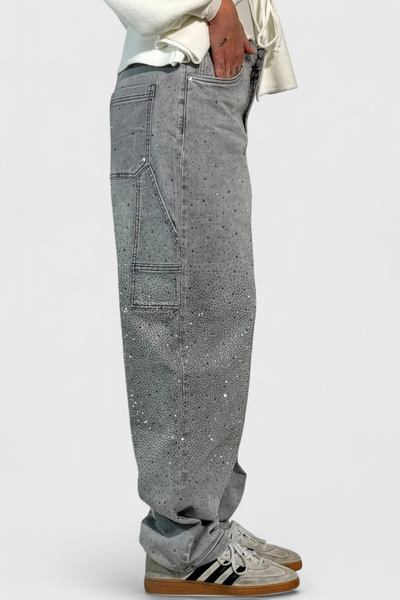 Dariya Brushed Cargo Balloon Jeans with Sparkle and Rhinestone Embellishments