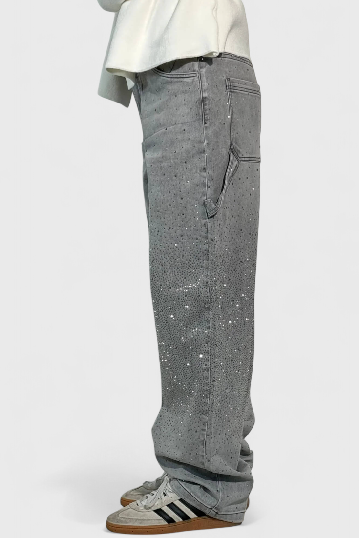 Dariya Brushed Cargo Balloon Jeans with Sparkle and Rhinestone Embellishments