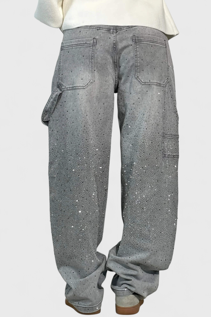 Dariya Brushed Cargo Balloon Jeans with Sparkle and Rhinestone Embellishments