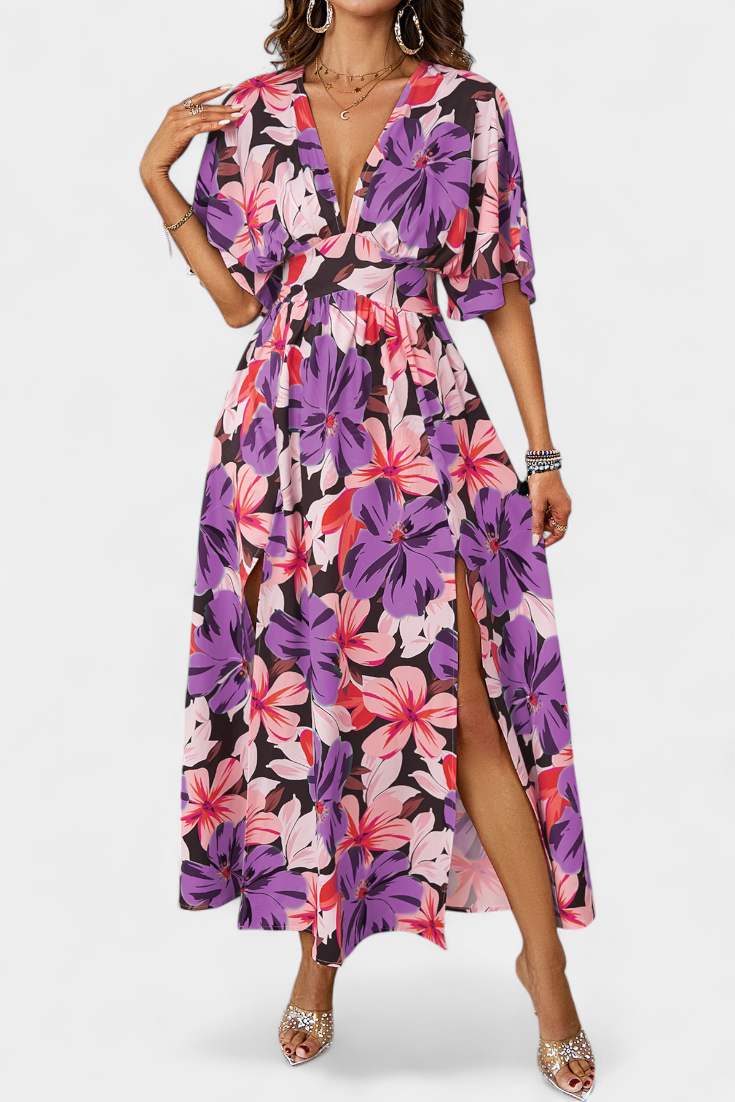 Vestido Largo Julie con Estampado Floral y Escote en V