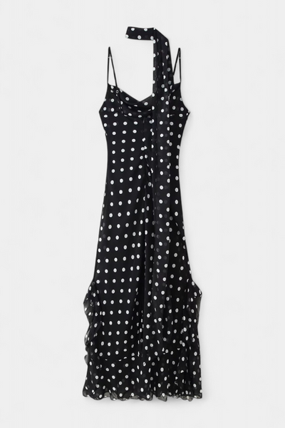 Vestido de Gasa Estefanía con Volantes y Motivo de Lunares en Negro y Crema