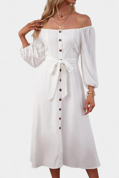 Vestido Leonor de Hombros al Descubierto con Botones y Lazo Frontal