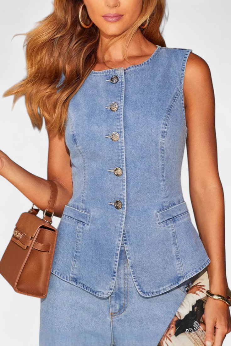 Ludovica Conjunto de Denim: Chaleco Entallado y Jeans de Pierna Ancha
