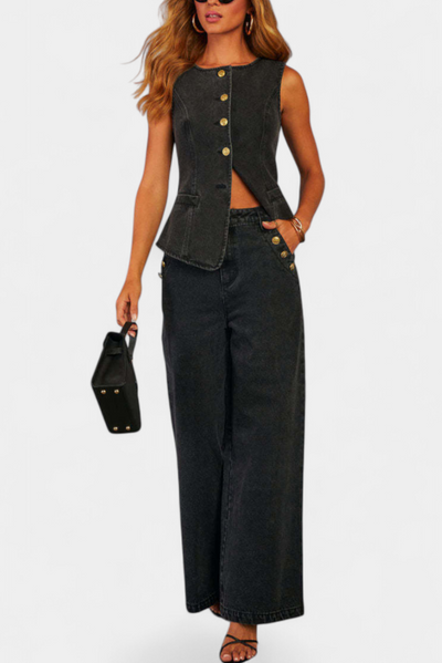 Ludovica Conjunto de Denim: Chaleco Entallado y Jeans de Pierna Ancha