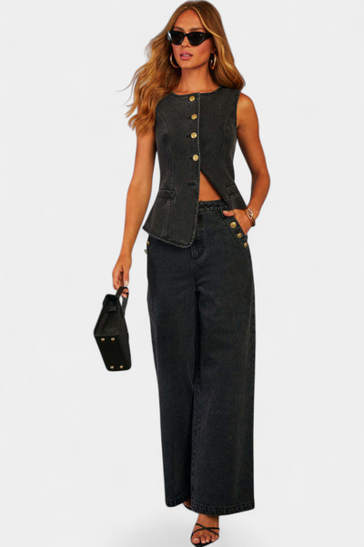 Ludovica Conjunto de Denim: Chaleco Entallado y Jeans de Pierna Ancha
