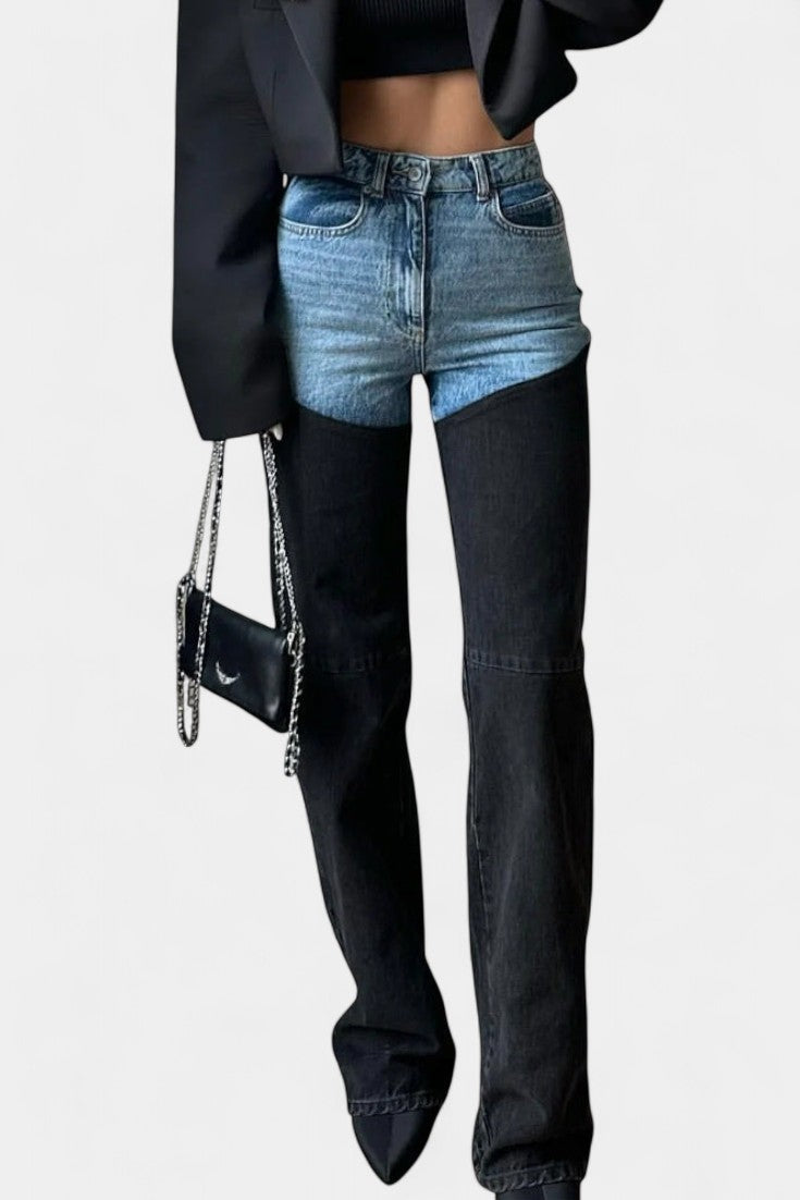 Mijie Jeans de Cintura Alta con Detalles de Patchwork y Corte Recto