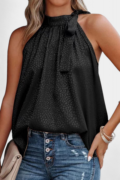 Top Sin Mangas de Leopardo Adela con Cuello Alto y Lazo