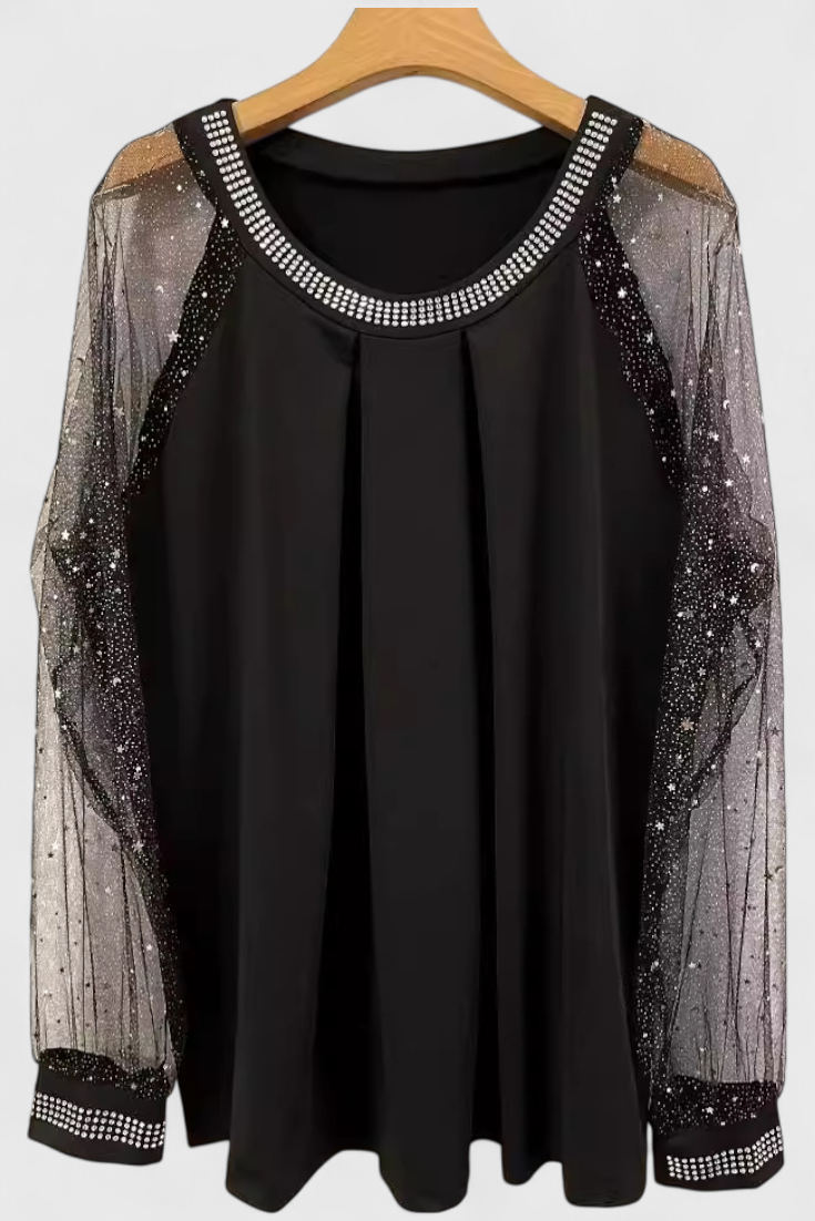 Blusa Elegante con Mangas de Tul y Detalles de Strass