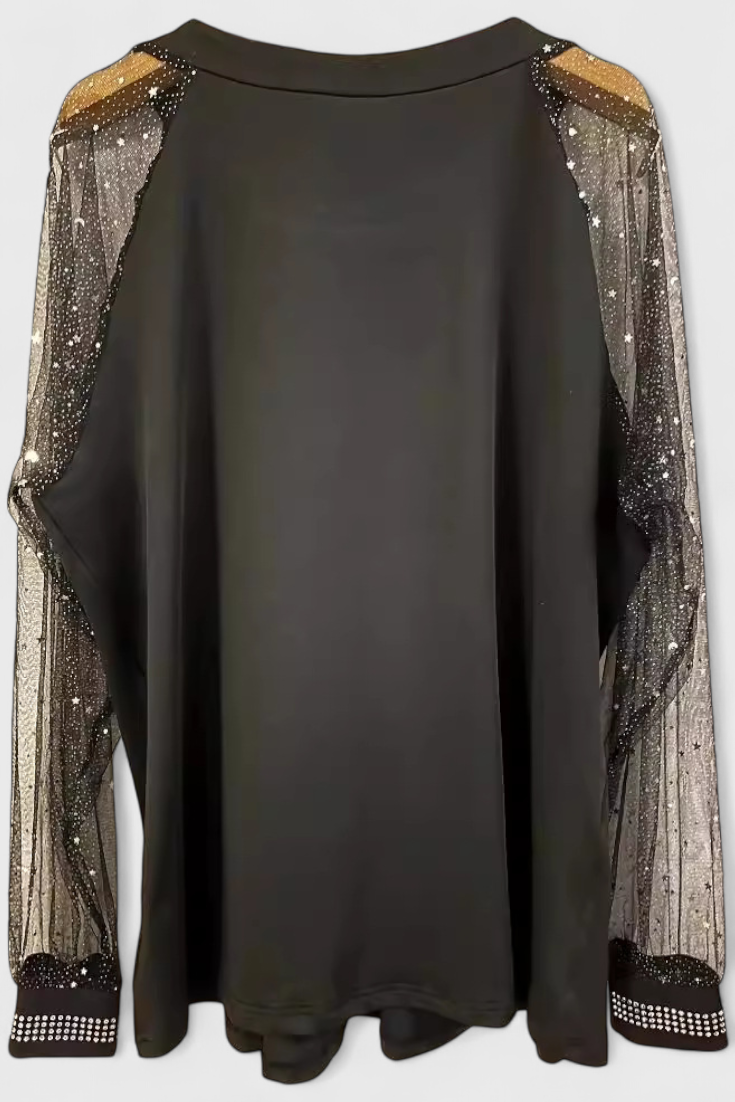 Blusa Elegante con Mangas de Tul y Detalles de Strass