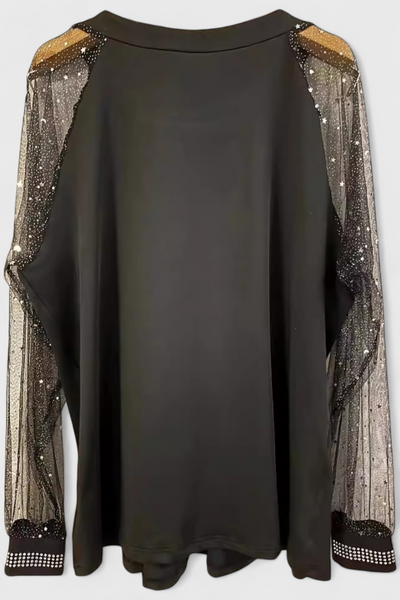 Blusa Elegante con Mangas de Tul y Detalles de Strass