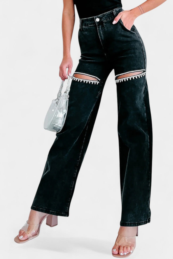 Evian Rhinestone-Embellished Ripped Straight-Leg Jeans