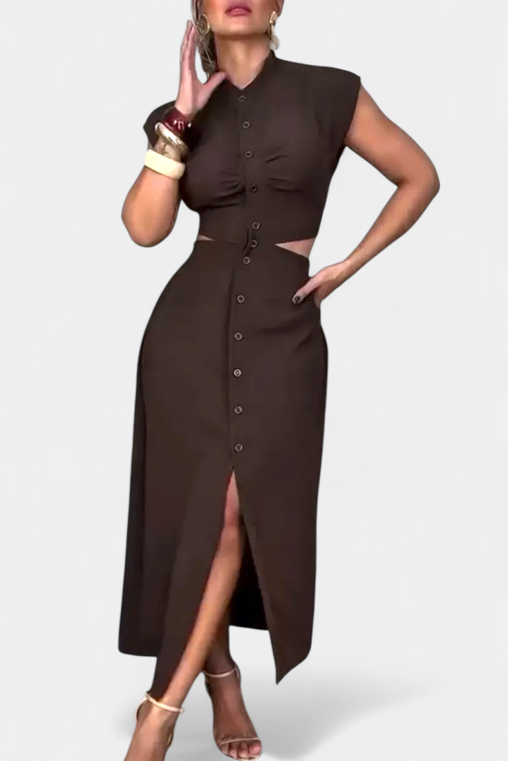 Vestido Midi Griselda con Botones y Cintura Descubierta