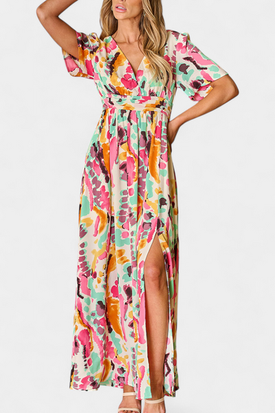 Vestido Boho Yuki con Escote en V y Estampado Tie-Dye
