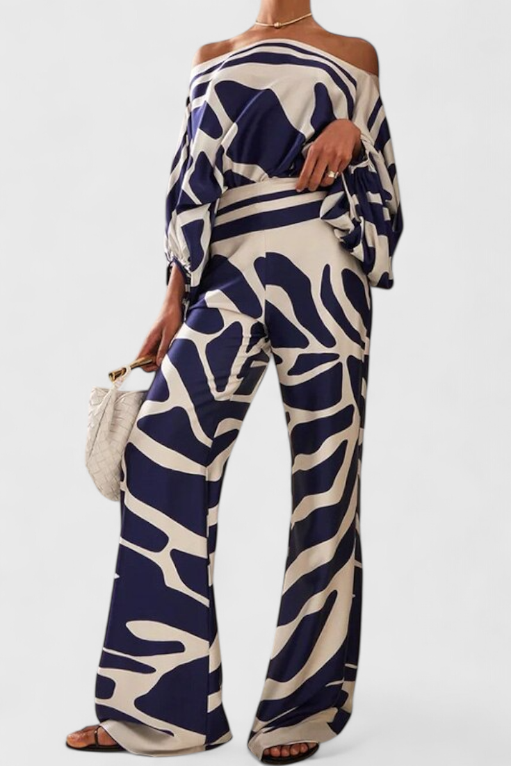 Sybella Conjunto de Dos Piezas con Hombros al Descubierto y Pantalones Amplios Estampados