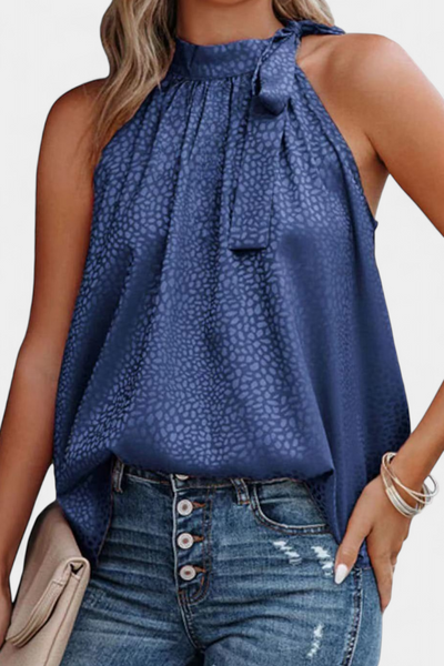 Top Sin Mangas de Leopardo Adela con Cuello Alto y Lazo