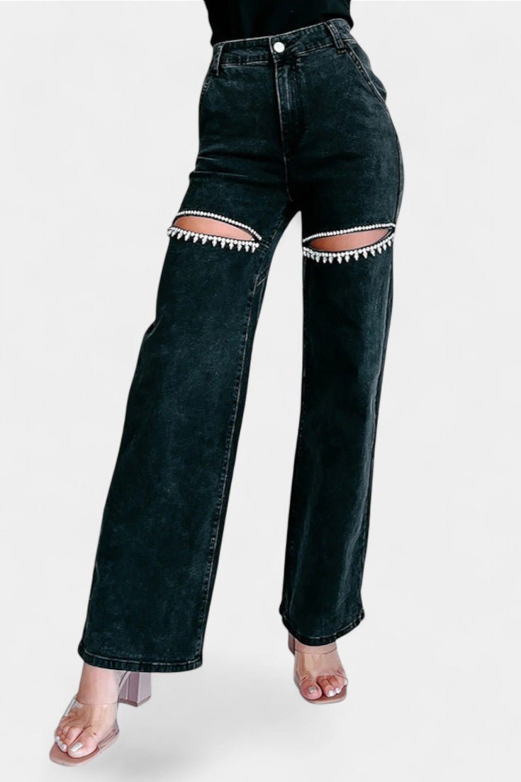 Evian Rhinestone-Embellished Ripped Straight-Leg Jeans