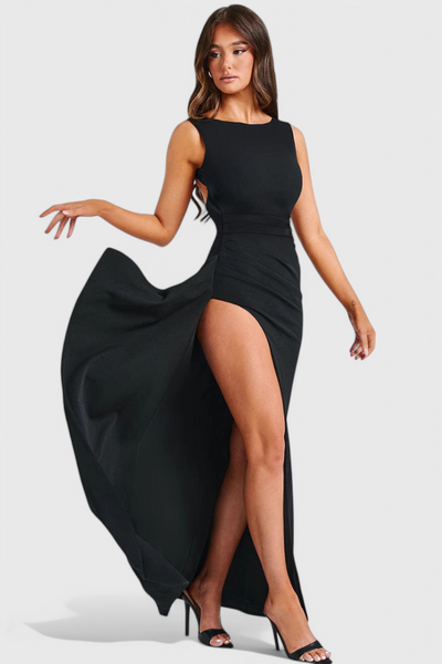 Vestido de Satén Marion con Espalda Abierta y Abertura Lateral